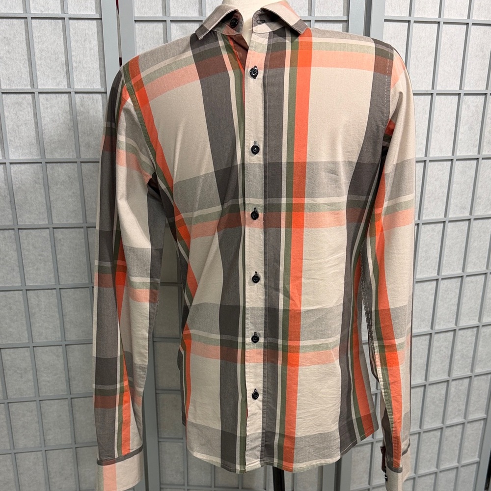 Tristan Plaid Button-Down Shirt in Cream, Orange & Gray, Small